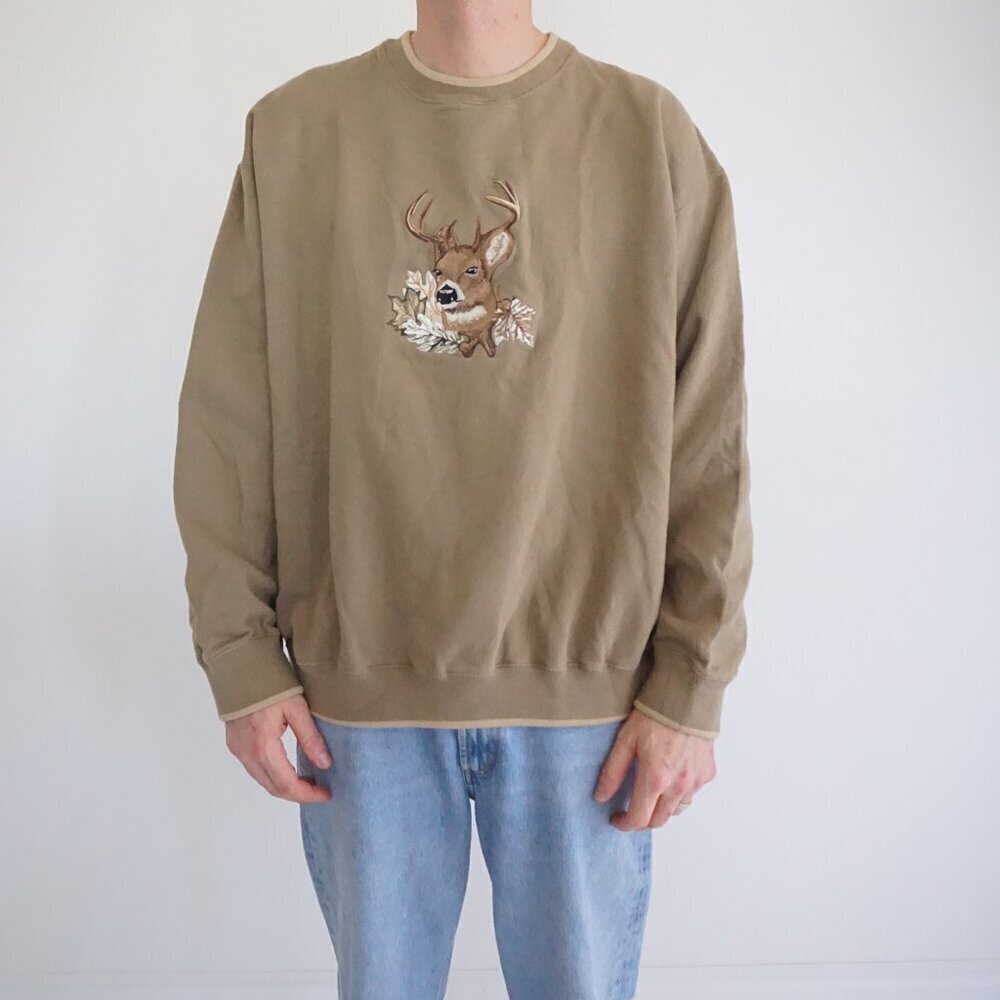 Vintage '90S Outdoor Life Taupe Embroidered Buck Cotton Crew Neck Sweater XL